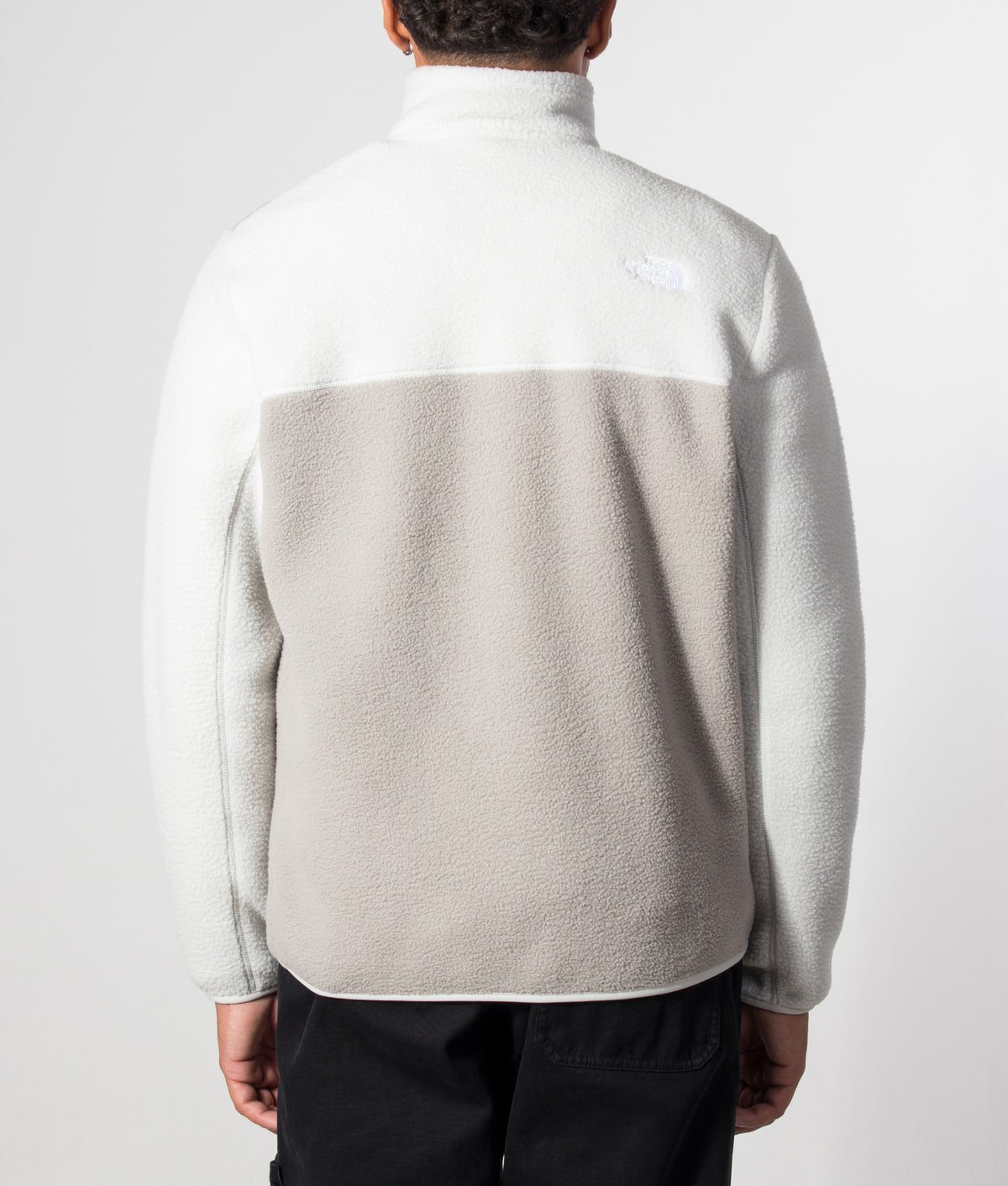 The North Face Regular Fit Yumiori Quarter Zip Fleece in Stone Slab and Cumulus Cloud at EQVVS Menswear. Model back shot.