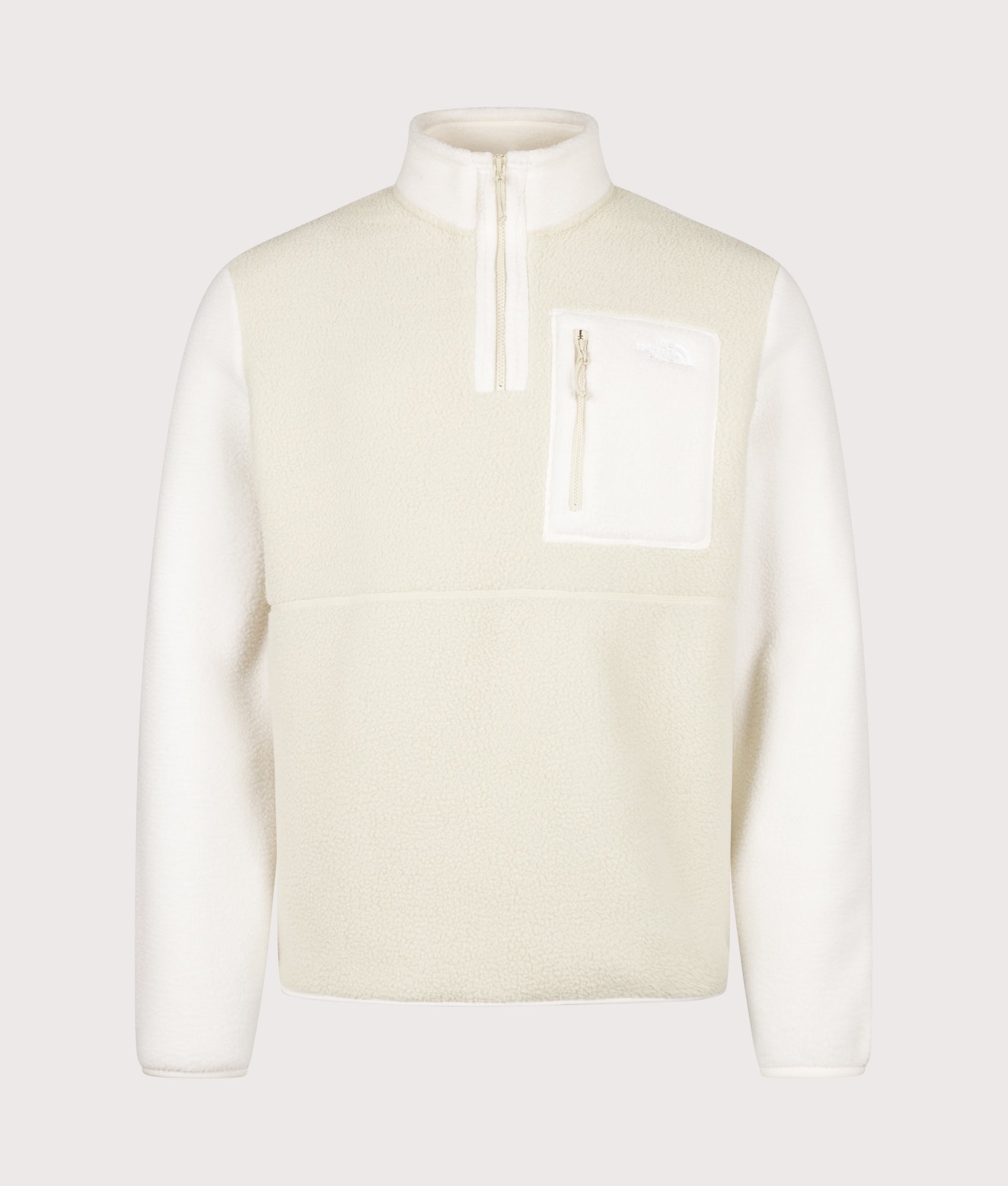 The North Face Regular Fit Yumiori Quarter Zip Fleece in Desert Stone and White at EQVVS Menswear. Front shot.