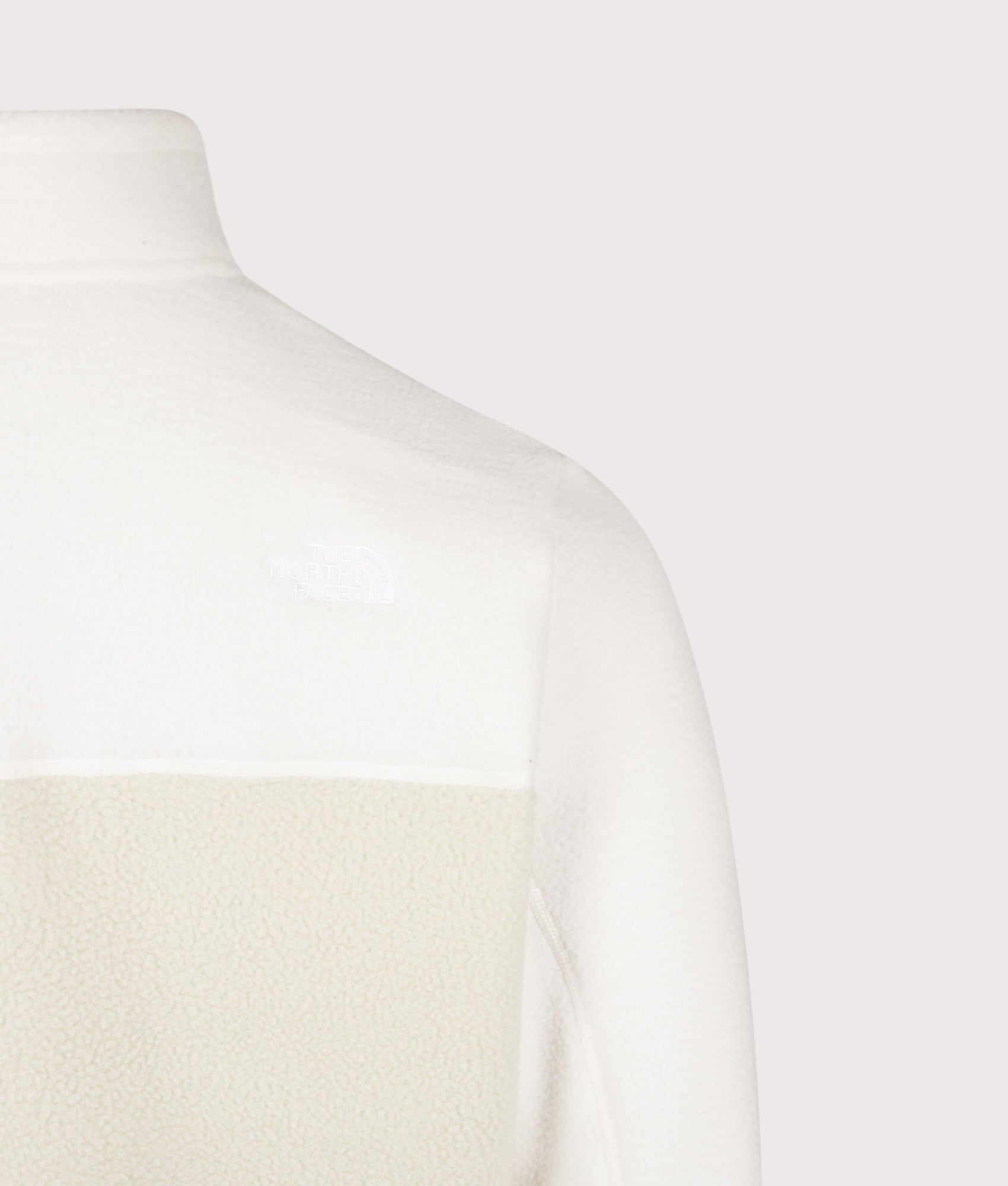 The North Face Regular Fit Yumiori Quarter Zip Fleece in Desert Stone and White at EQVVS Menswear. Back detail shot.