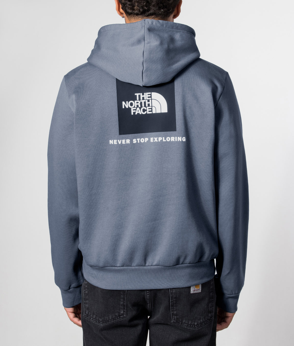The North Face Regular Fit NSE Evolution Box Hoodie in Granite Grey at EQVVS Menswear. Model back shot.