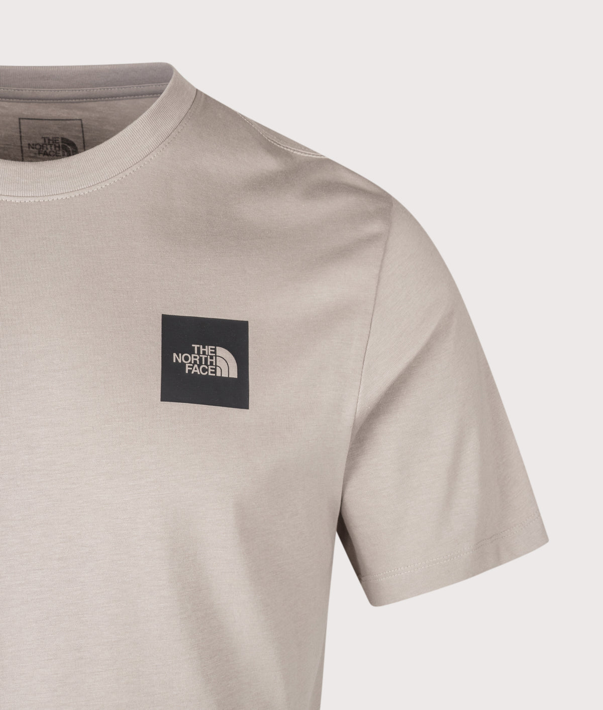 The North Face Regular Fit Evolution Box Half Dome T-Shirt in Stone Slab at EQVVS Menswear. Detail shot.