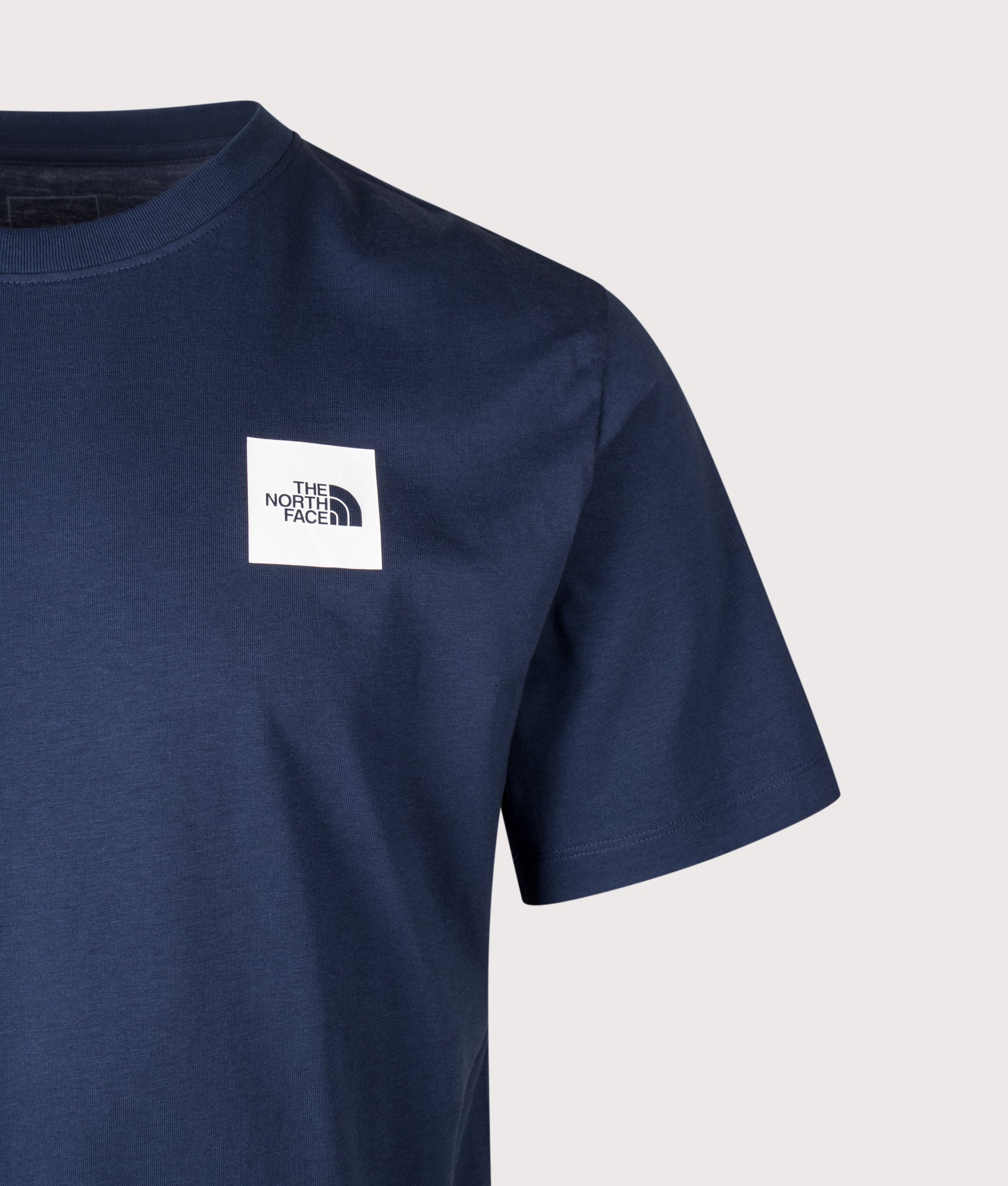 The North Face Regular Fit Evolution Box Half Dome T-Shirt in Summit Navy at EQVVS Menswear. Detail shot.