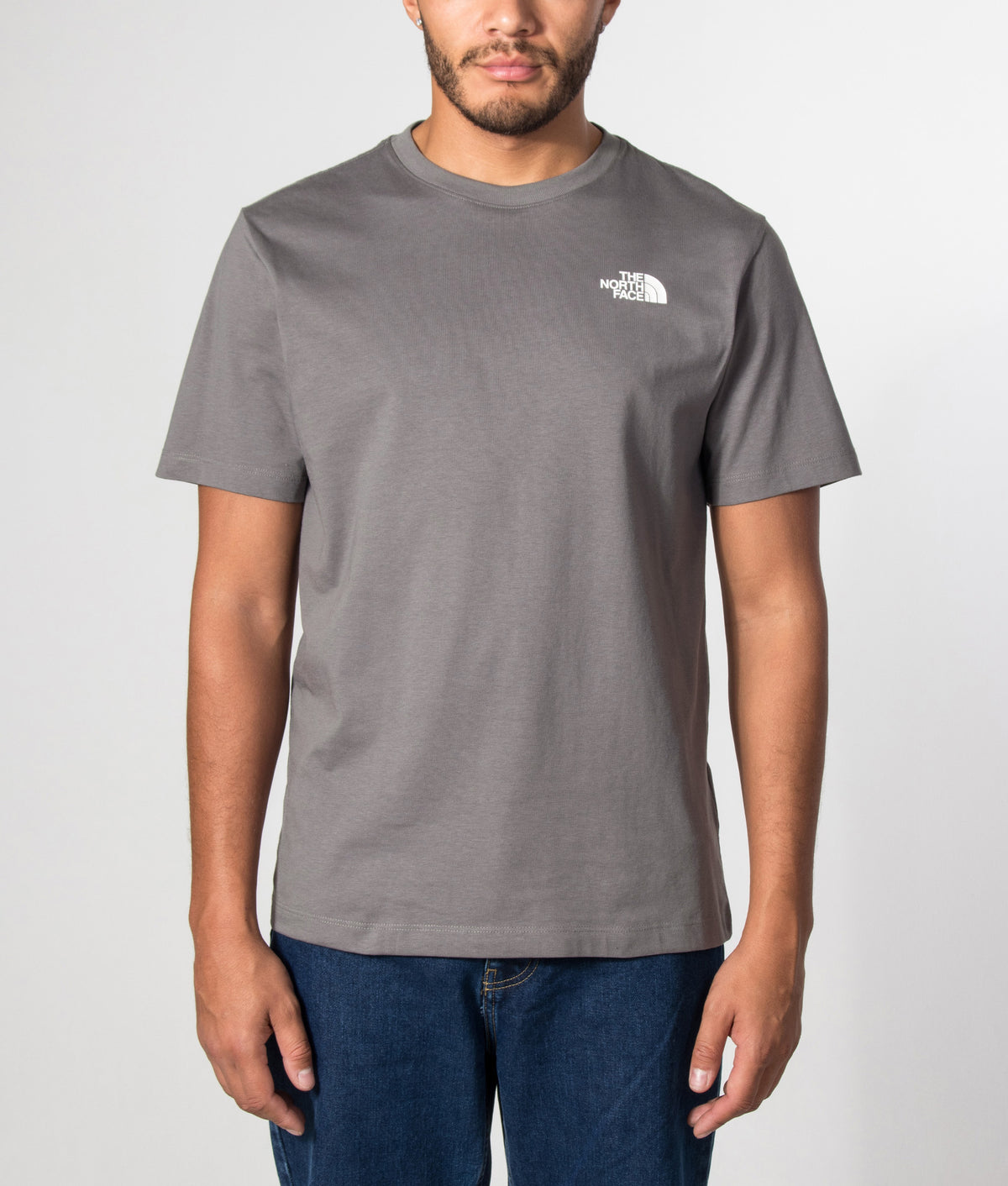 The North Face Regular Fit Vertical Graphic T-Shirt in Smoked Pearl at EQVVS Menswear. Model front shot.