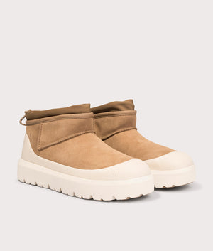 Classic Ultra Mini Weather Hybrid boots in Chestnut and Whitecap at EQVVS Menswear. Angled front shot.