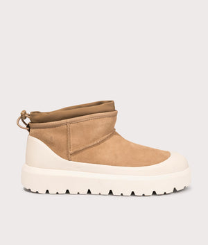 Classic Ultra Mini Weather Hybrid boots in Chestnut and Whitecap at EQVVS Menswear. Side shot.