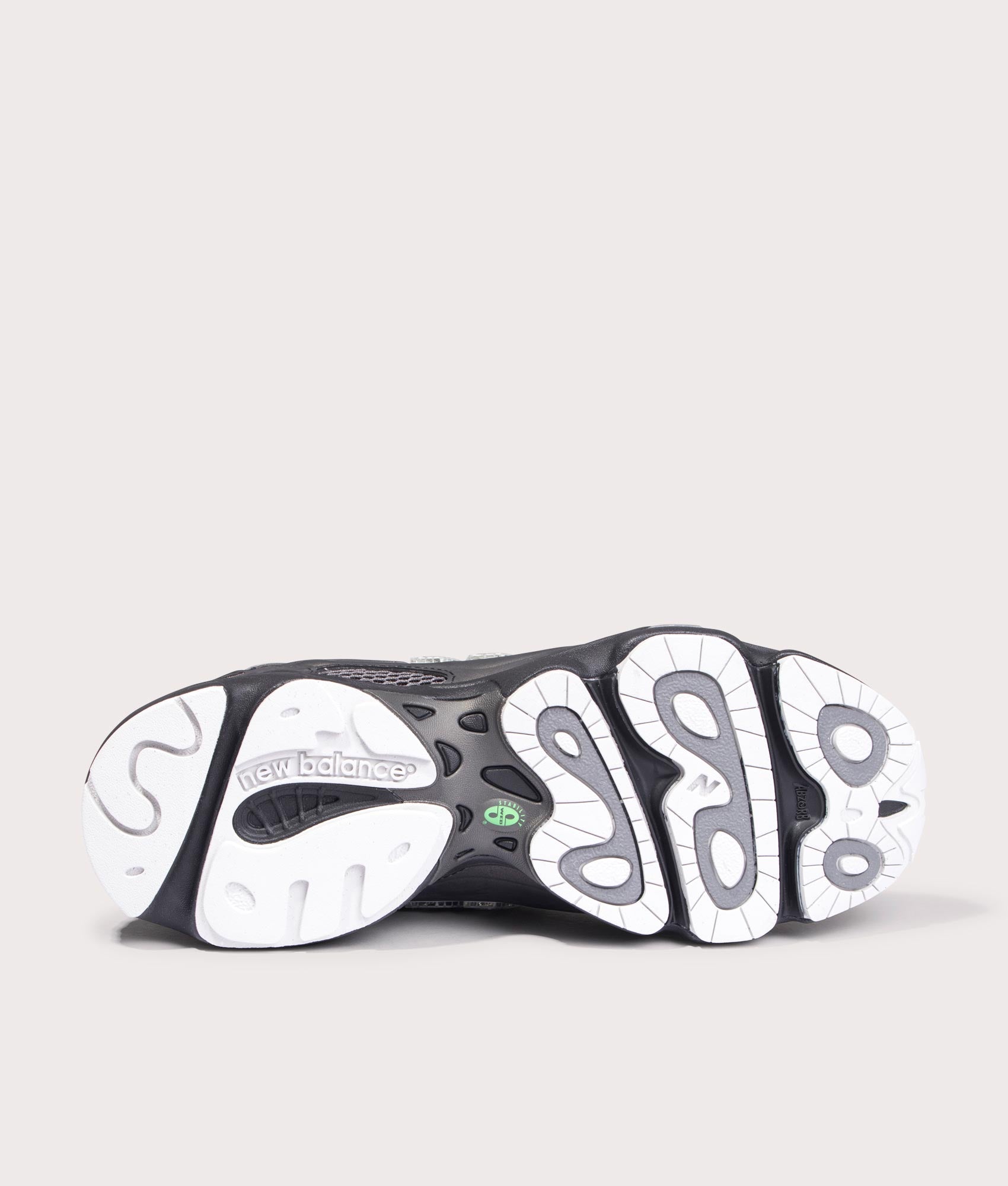 New Balance 1000 Sneakers in Black, Dark Silver Metallic and Lime Leaf at EQVVS Menswear. Sole shot.
