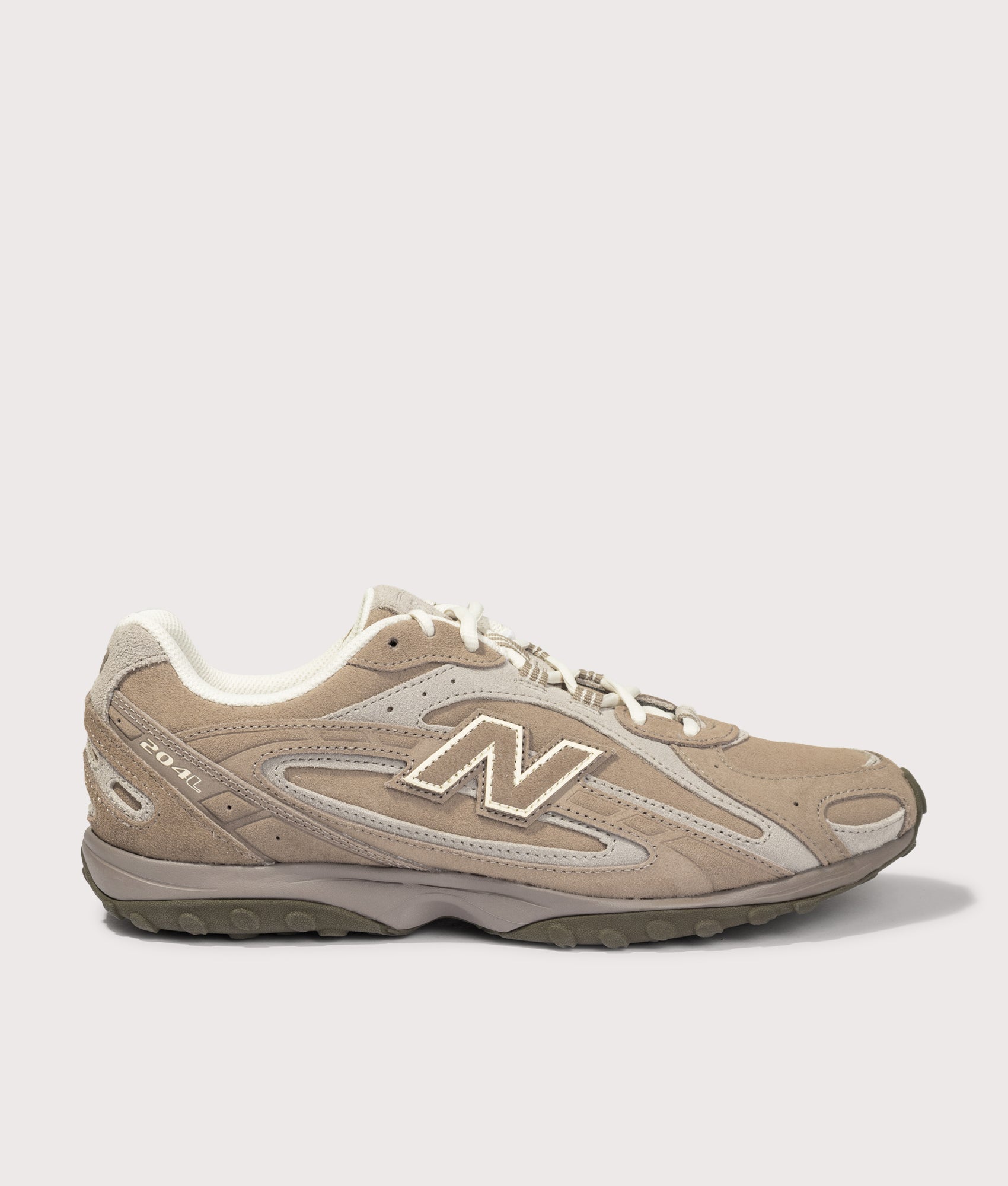 New Balance 204L Sneakers in Mushroom/Arid Stone at EQVVS Menswear. Side shot.