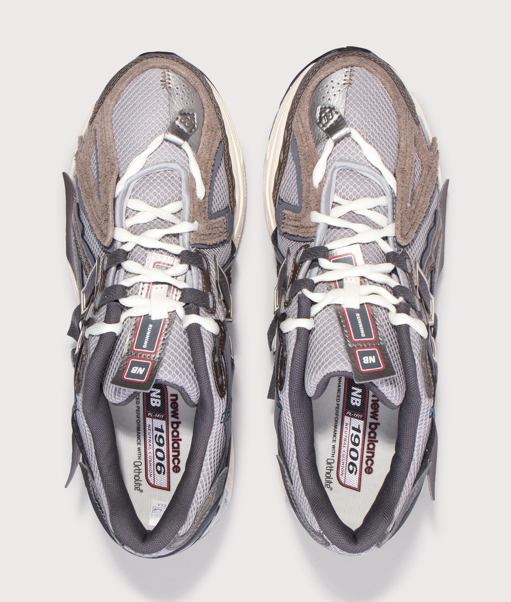 New Balance 1906A Sneakers in Thunder Brown and Slate Grey at EQVVS Menswear. Top shot.