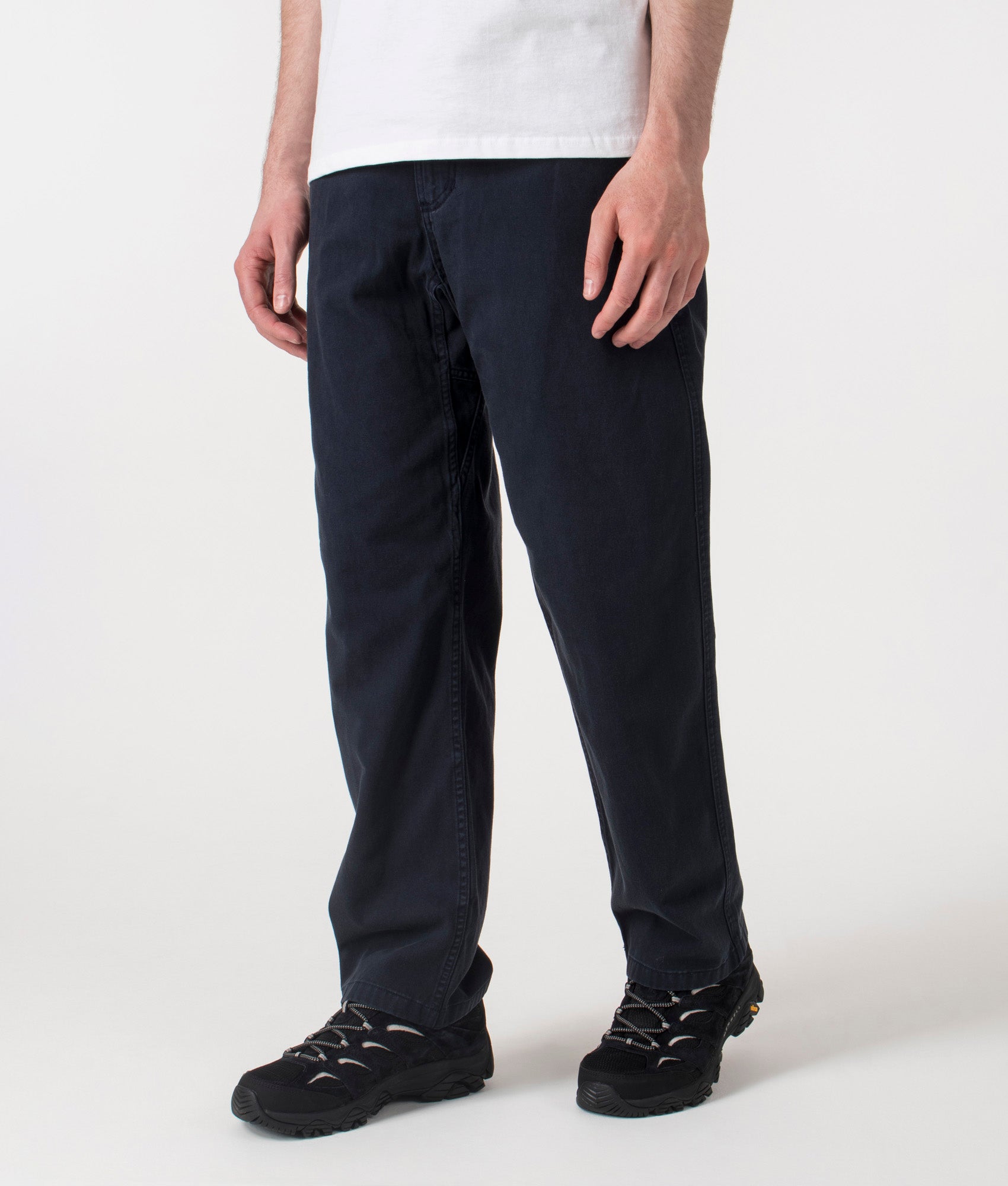 Gramicci Straight Fit Gramicci Pants in Double Navy at EQVVS. Angle Shot.
