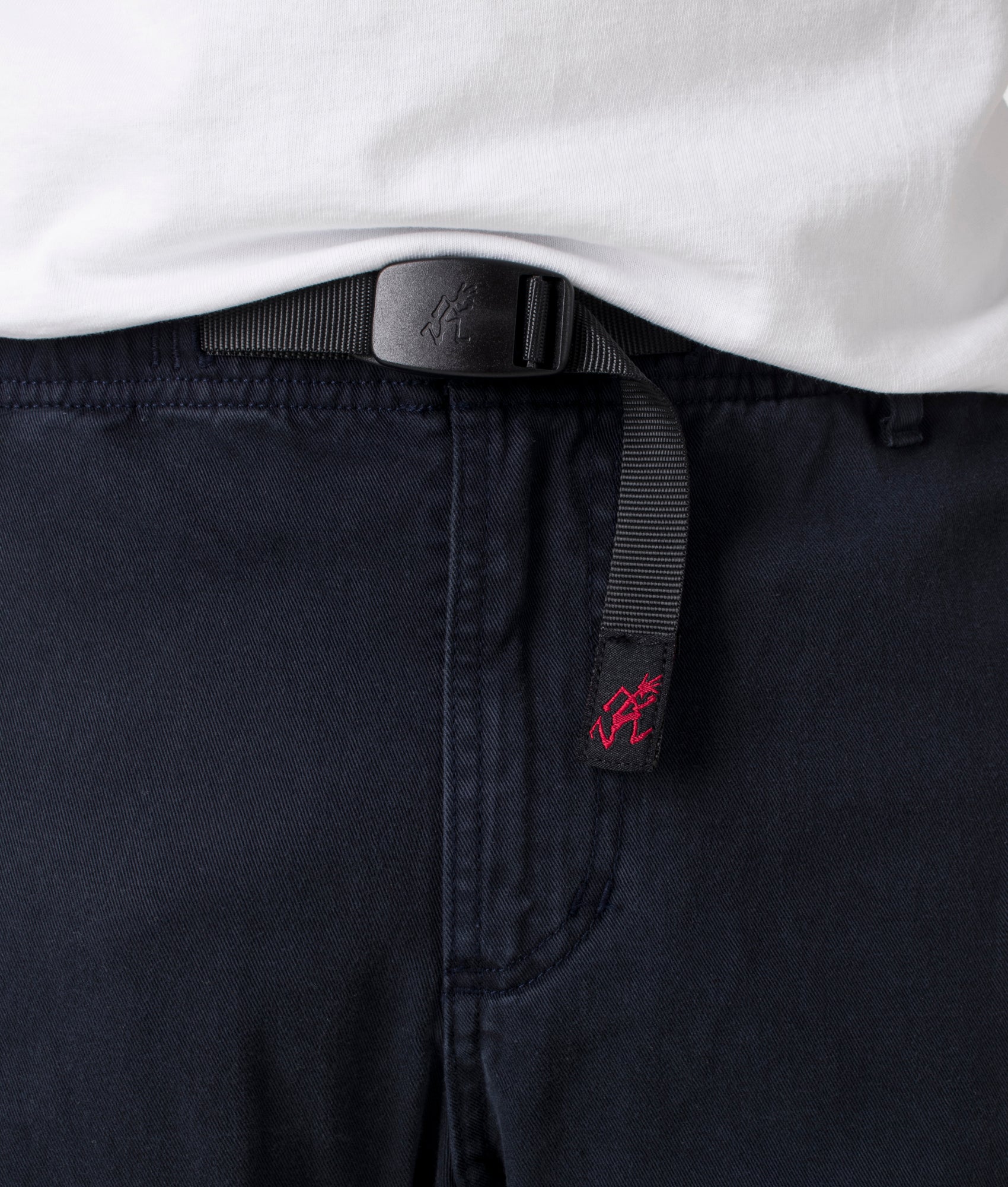 Gramicci Straight Fit Gramicci Pants in Double Navy at EQVVS. Front Detail Shot.