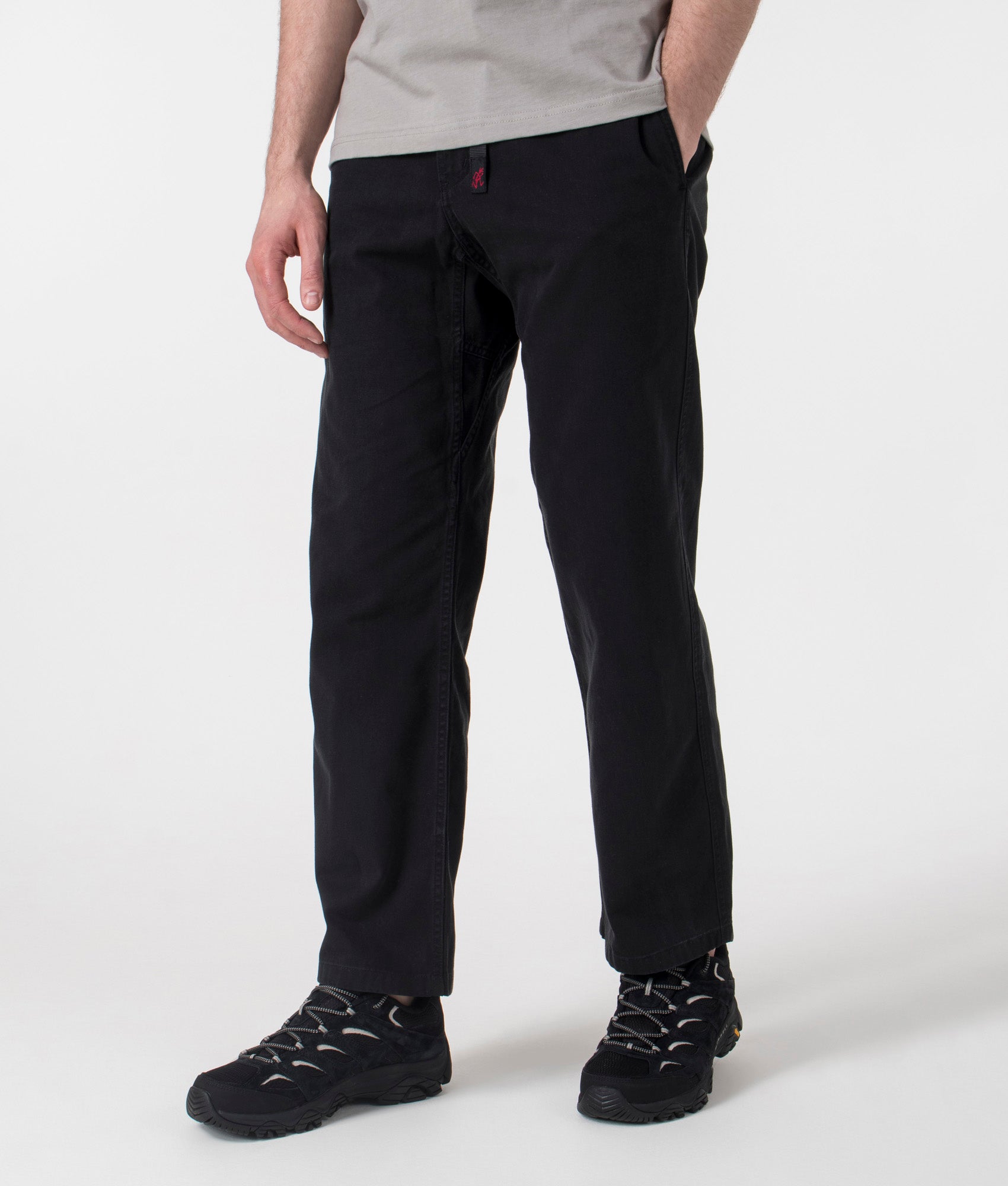 Gramicci Straight Fit Gramicci Pants in Black at EQVVS. Angle Shot.