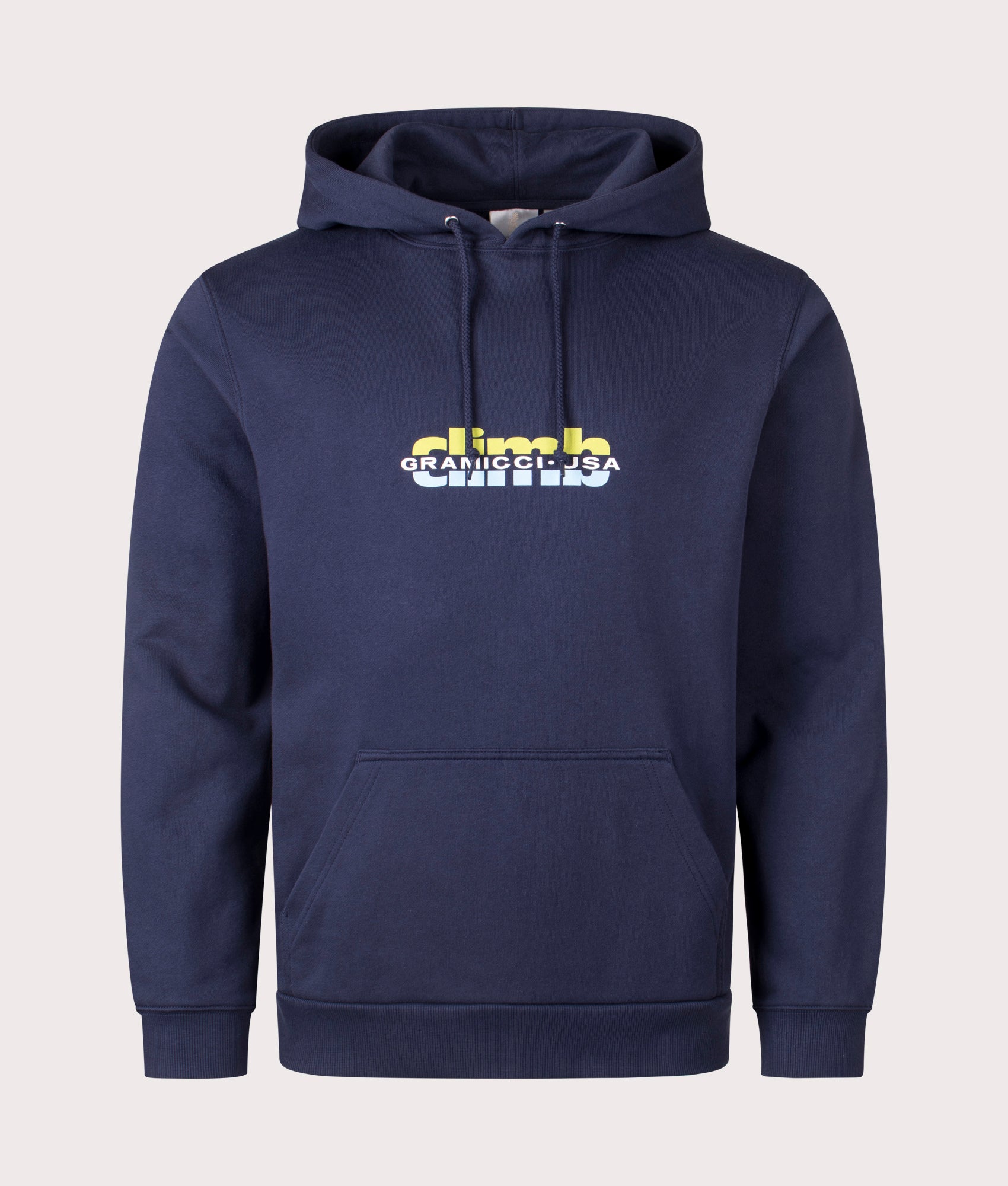 Gramicci Climb Hoodie in navy, 100% cotton at EQVVS. Front Shot. 