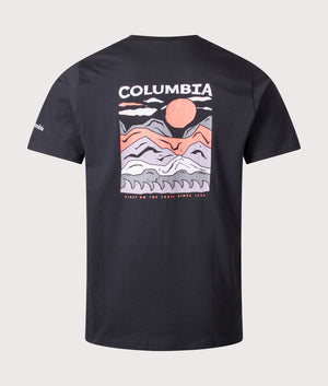 Explorers Canyon Back T-Shirt in Black/ Peaks and Waves. | 100% Cotton | Columbia | Shot at EQVVS | Back shot 