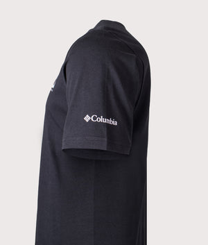 Explorers Canyon Back T-Shirt in Black/ Peaks and Waves. | 100% Cotton | Columbia | Shot at EQVVS | Side detail shot 
