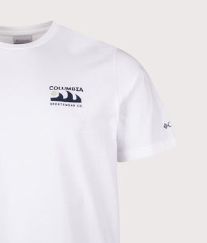Explorers Canyon Back T-Shirt in Black/ Peaks and Waves. | 100% Cotton | Columbia | Shot at EQVVS | Front detail shot 