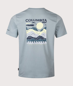 Explorers Canyon Back T-Shirt in Crushed Blue/Peaks and Waves. | 100% Cotton | Columbia | Shot at EQVVS | Back shot 