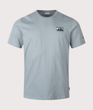 Explorers Canyon Back T-Shirt in Crushed Blue/Peaks and Waves. | 100% Cotton | Columbia | Shot at EQVVS | Front shot 