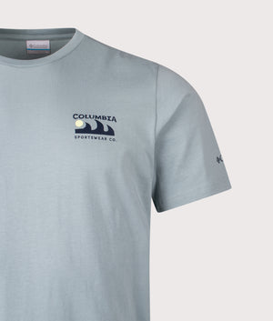 Explorers Canyon Back T-Shirt in Crushed Blue/Peaks and Waves. | 100% Cotton | Columbia | Shot at EQVVS | Front detail shot