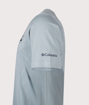 Explorers Canyon Back T-Shirt in Crushed Blue/Peaks and Waves. | 100% Cotton | Columbia | Shot at EQVVS | Side detail shot 