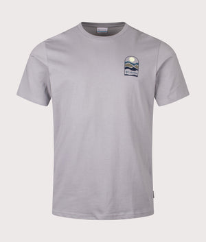 Explorers Canyon Back T-Shirt in Columbia Grey/ Get Hiked. | 100% Cotton | Columbia | Shot at EQVVS | Front detail shot 