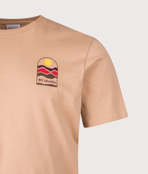 Explorers Canyon Back T-Shirt in Canoe/ Get Hiked | Columbia | Shot at EQVVS | Front detail shot 
