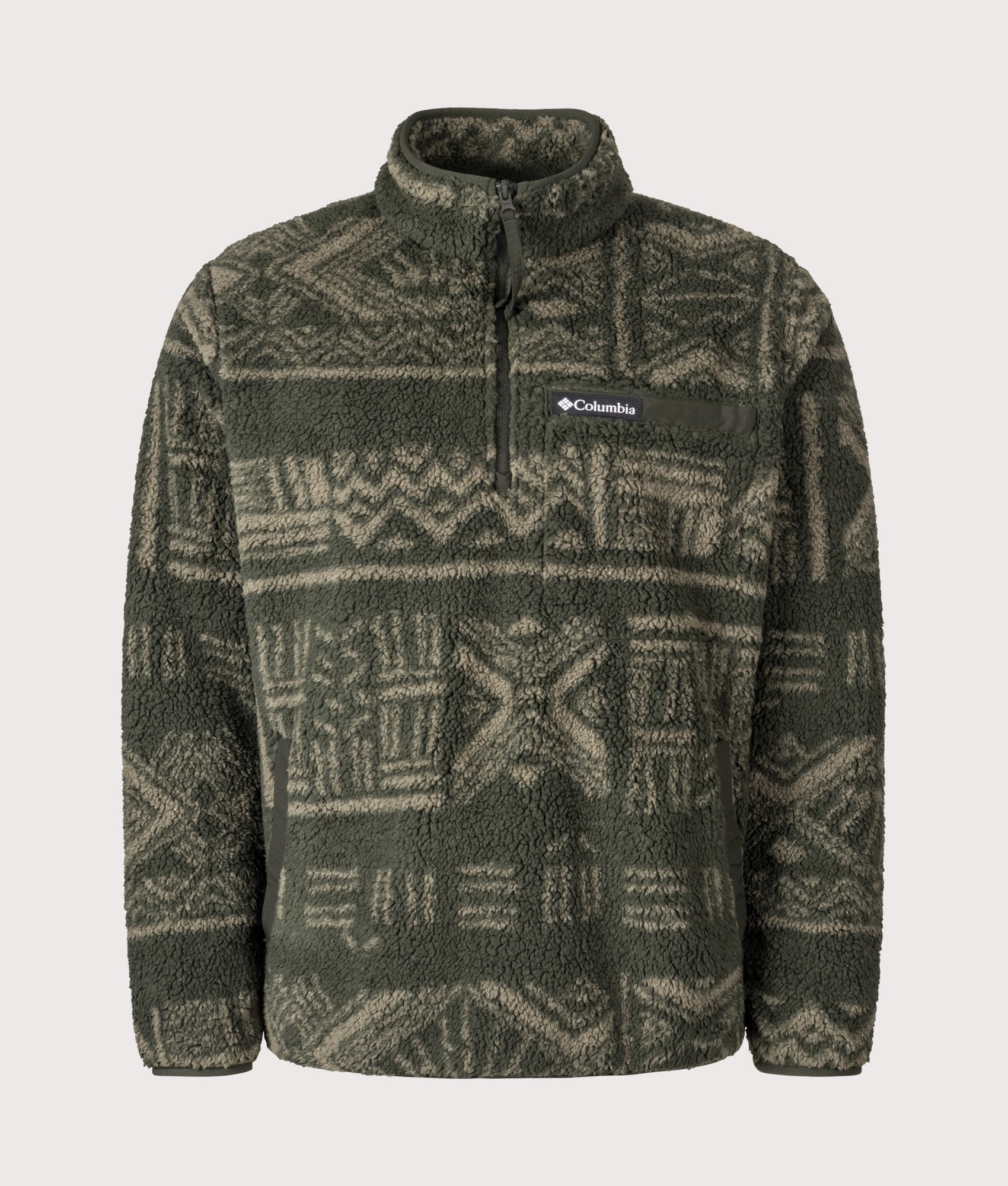 Columbia Rugged Ridge High Pile Quarter Zip Sweatshirt by Columbia in Greenscape Deschutes Days. Shot by EQVVS. Front shot.