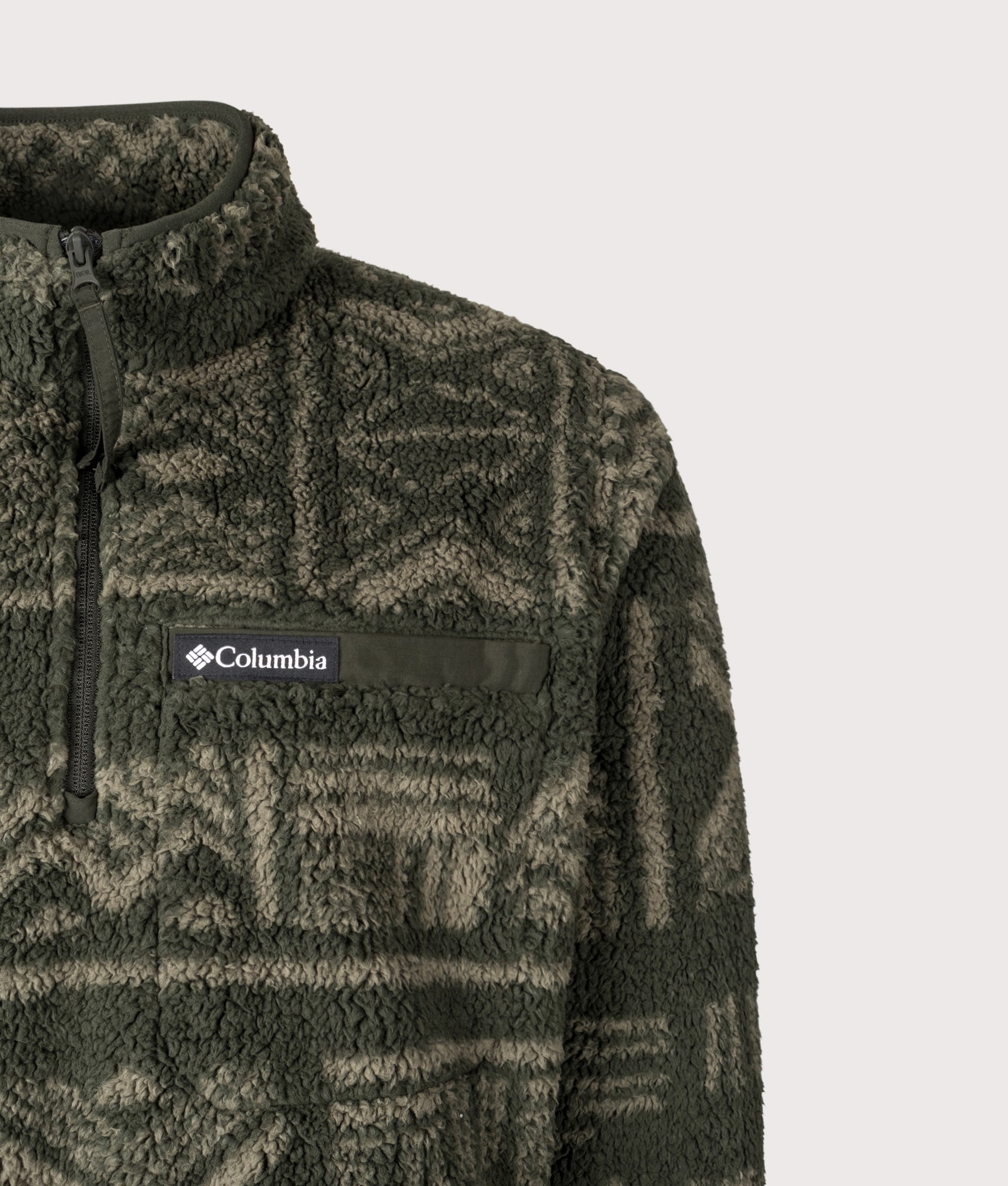 Columbia Rugged Ridge High Pile Quarter Zip Sweatshirt by Columbia in Greenscape Deschutes Days. Shot by EQVVS. Detail shot.