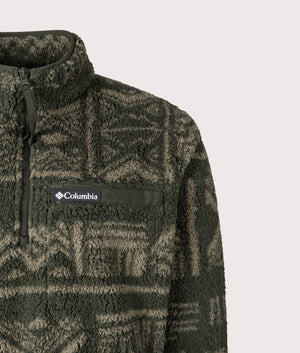 Columbia Rugged Ridge High Pile Quarter Zip Sweatshirt by Columbia in Greenscape Deschutes Days. Shot by EQVVS. Detail shot.