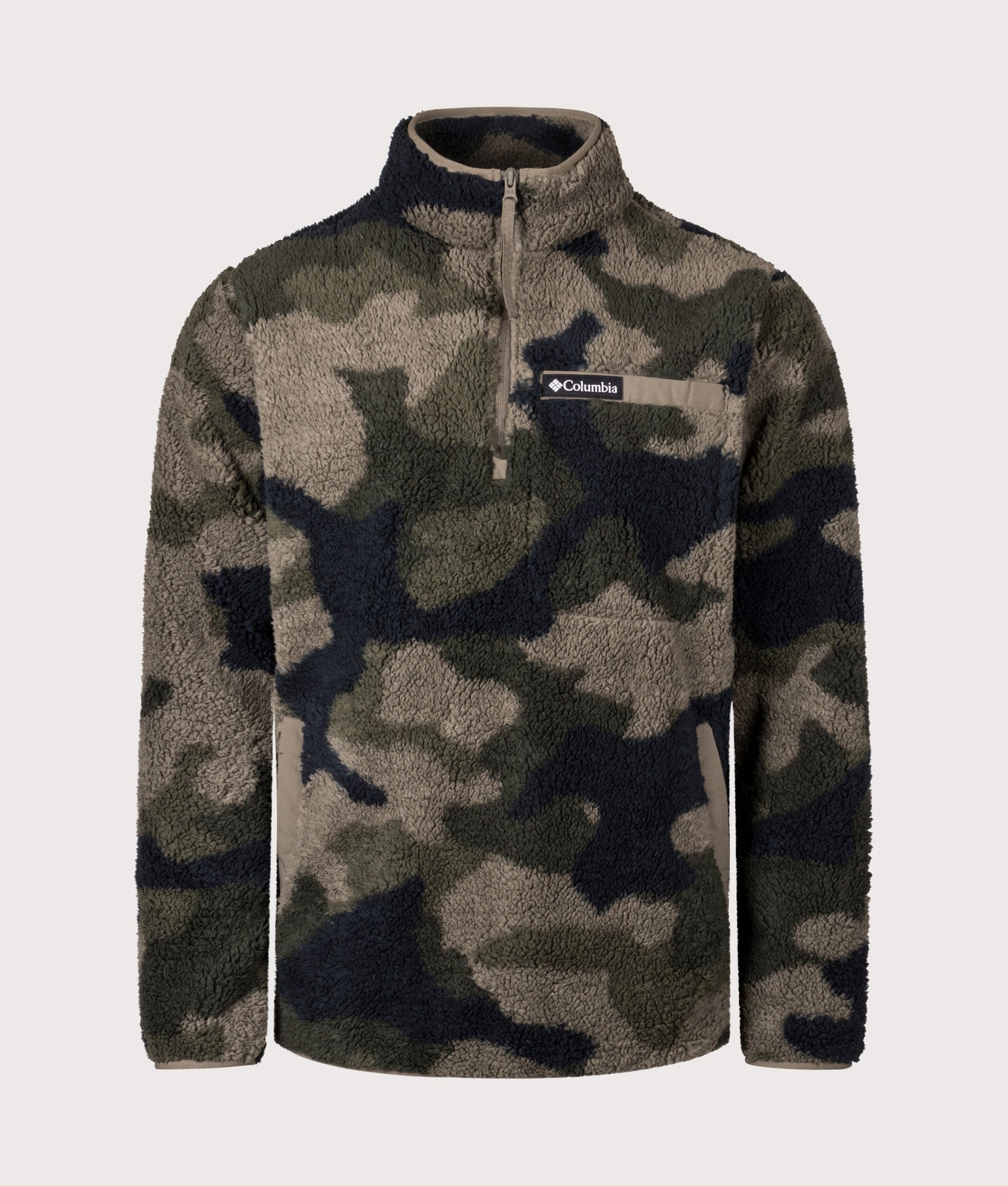 Rugged Ridge High Pile Quarter Zip Sweatshirt in Stone Green Mod Camo. | Columbia | Shot at EQVVS | Front shot 