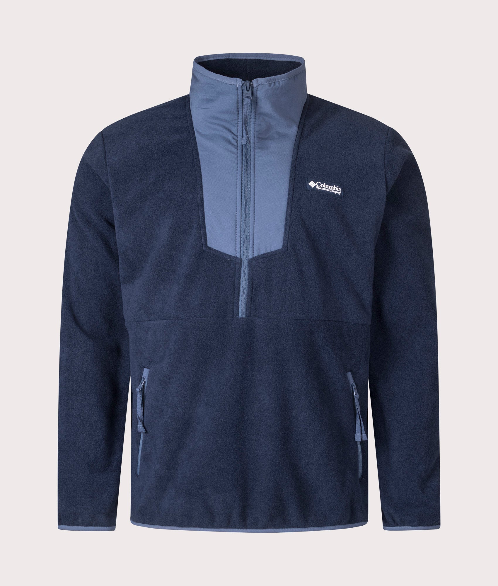 COLUMBIA Sequoia Grove Quarter Zip Fleece Sweatshirt in Collegiate Navy/ Dark Mountain at EQVVS Menswear. Front shot.