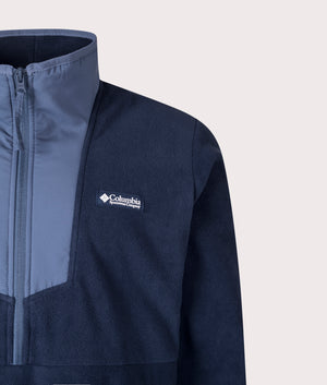 COLUMBIA Sequoia Grove Quarter Zip Fleece Sweatshirt in Collegiate Navy/ Dark Mountain at EQVVS Menswear. Detail Shot.