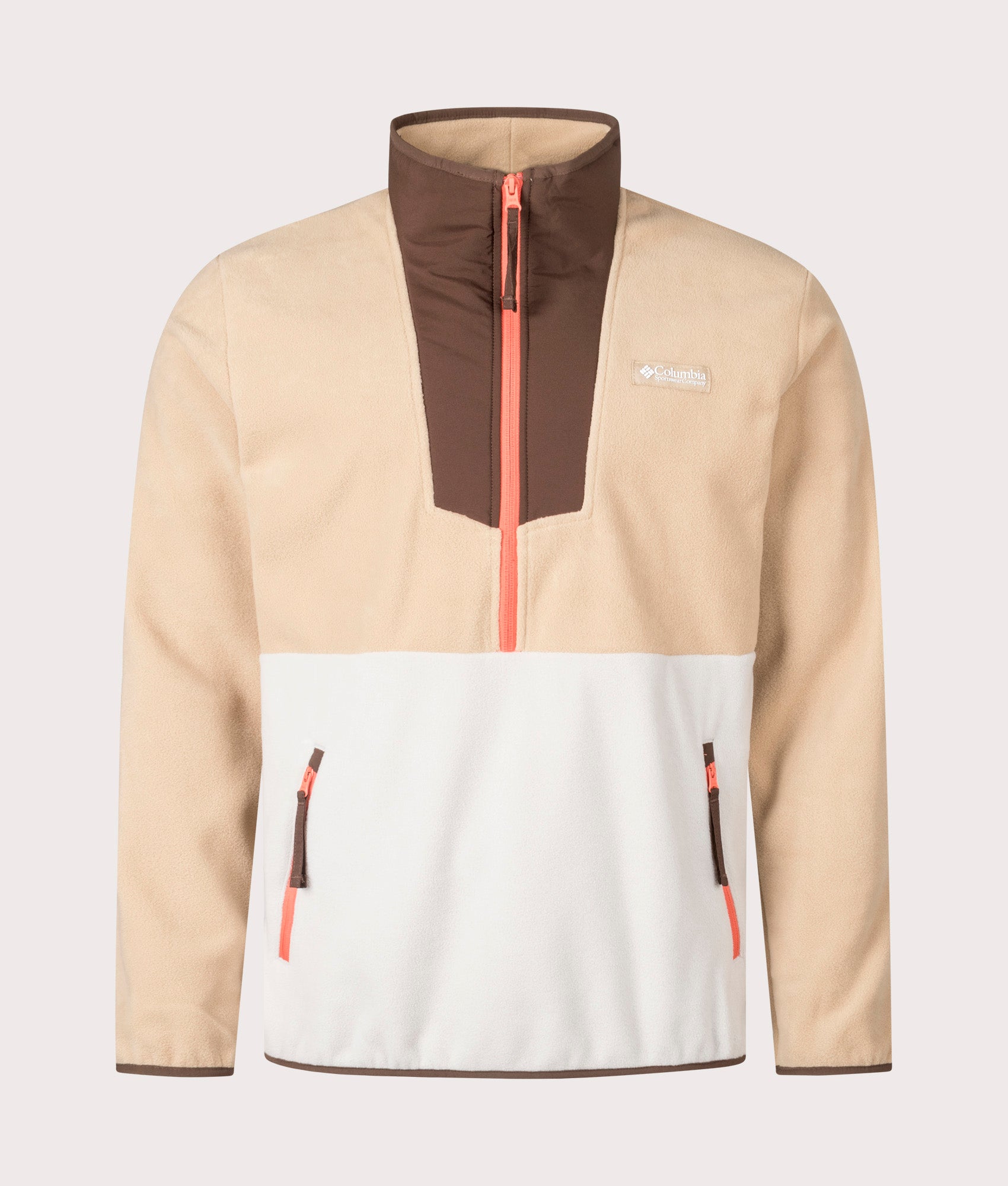 COLUMBIA Sequoia Grove Quarter Zip Fleece Sweatshirt in Canoe/ Dark Stone/ Tobacco at EQVVS Menswear. Front shot.