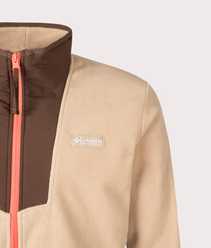 COLUMBIA Sequoia Grove Quarter Zip Fleece Sweatshirt in Canoe/ Dark Stone/ Tobacco at EQVVS Menswear. Detail shot.