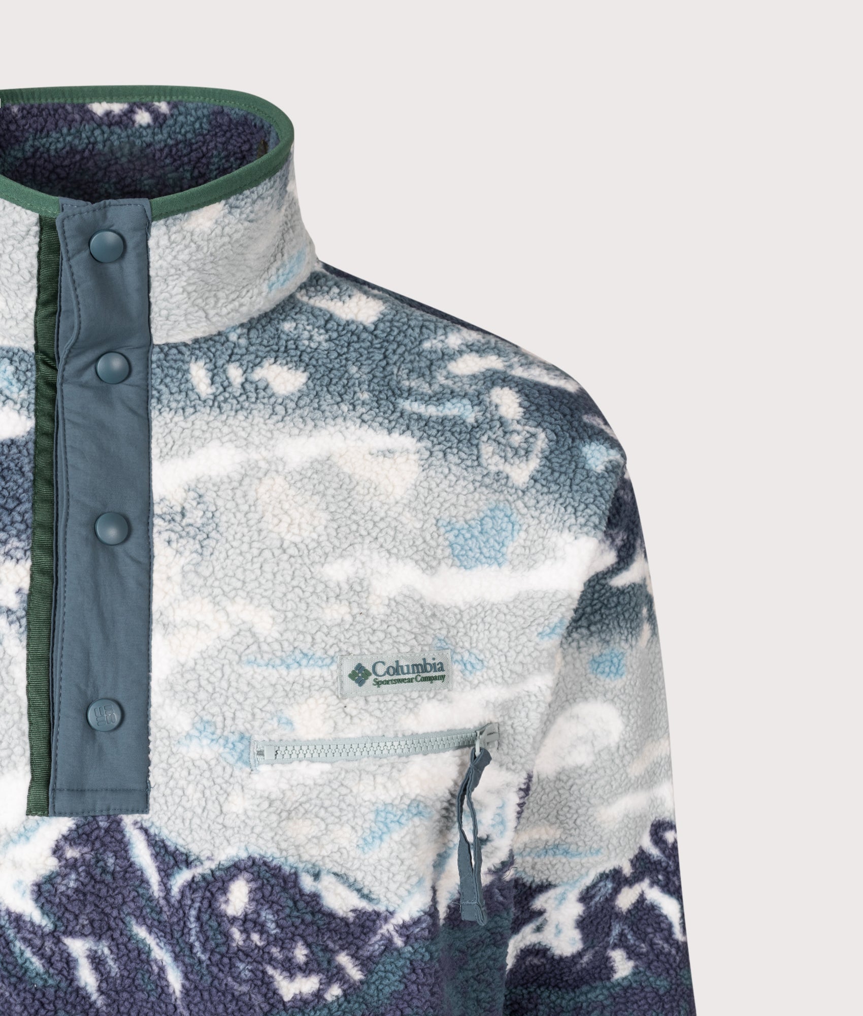 Helvetia II Printed Half Snap Fleece Sweatshirt in Crushed Blue Sisters | Columbia | EQVVS | Front detail shot 