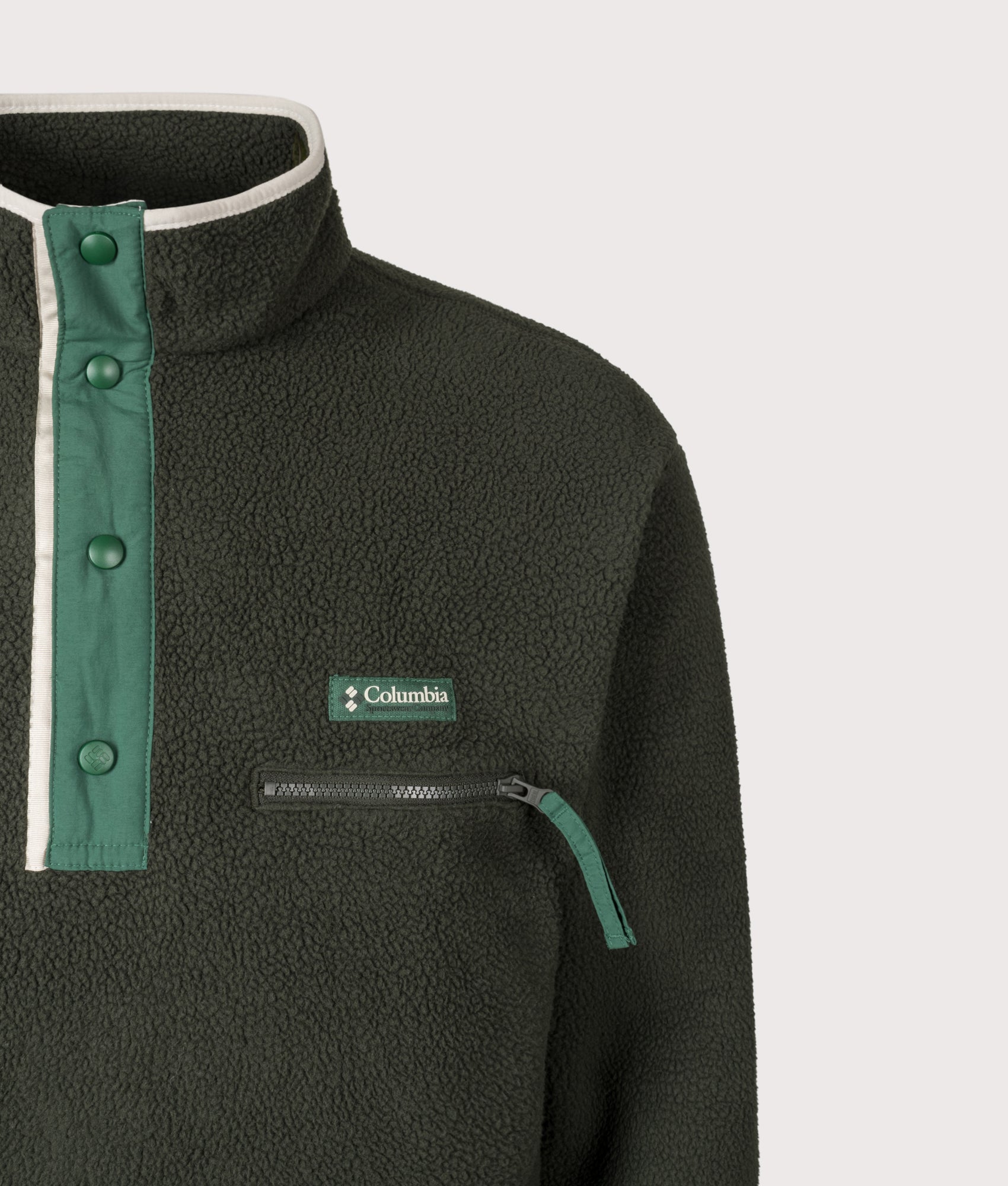 Helvetia II Printed Half Snap Fleece Sweatshirt in Greenscape | Columbia | EQVVS | Front detail shot 