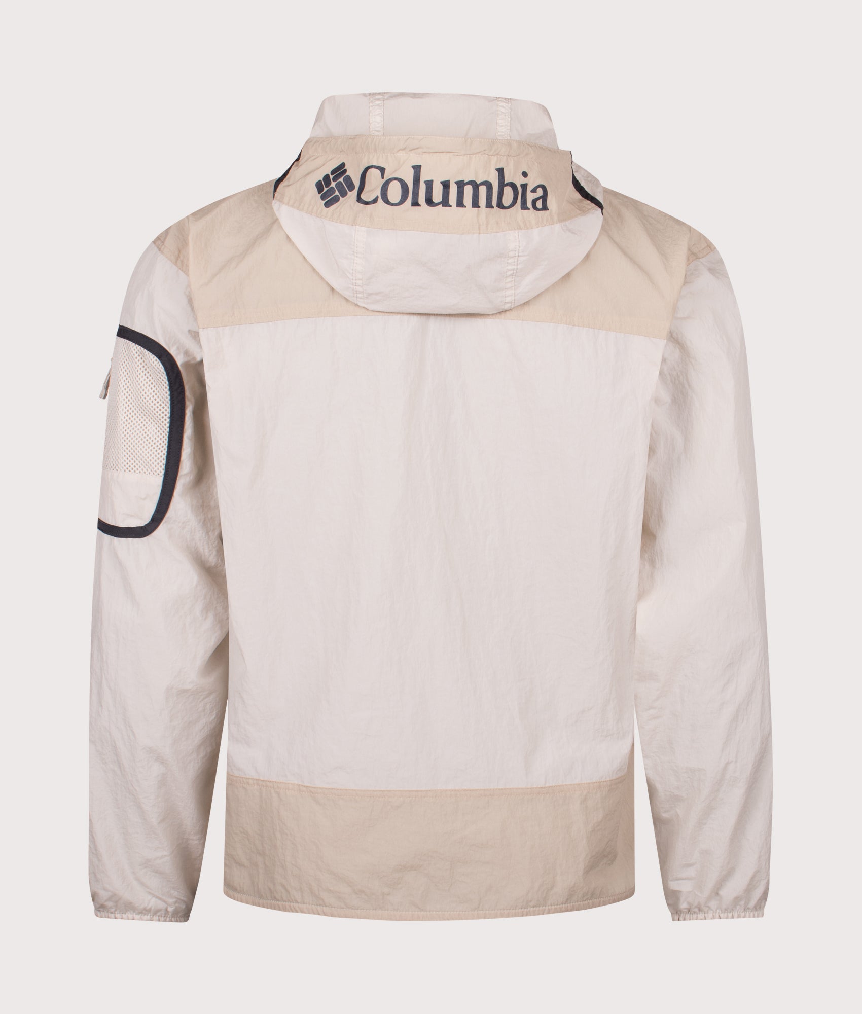 Columbia Challenger Windbreaker Anorak in Dark Stone and Ancient Fossil at EQVVS Menswear.  Back shot.