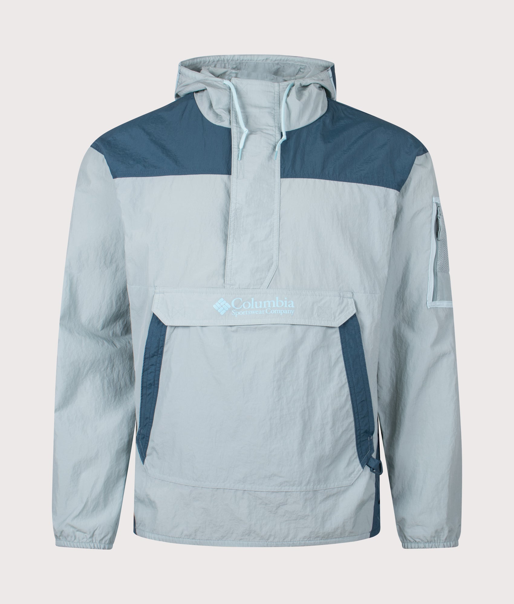 Columbia Challenger Windbreaker Anorak in Crushed Blue and Everblue at EQVVS Menswear. Front shot.