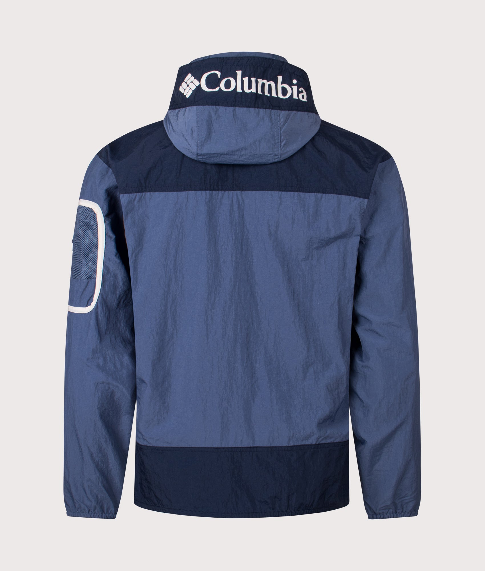 Columbia Challenger Windbreaker Anorak arrives in Dark Mountain and Collegiate Navy at EQVVS Menswear. Back shot.