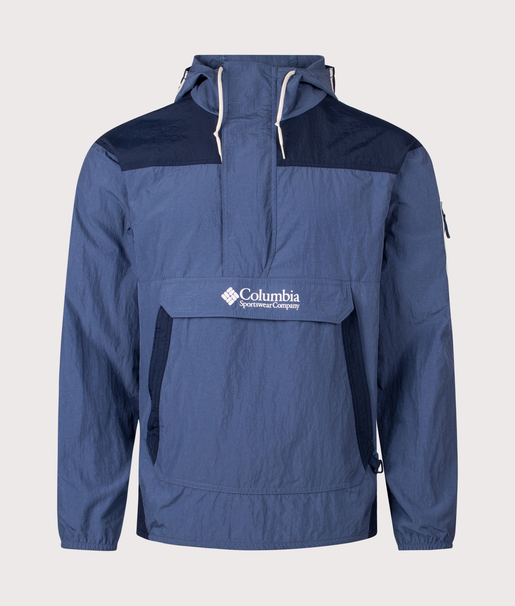 Columbia Challenger Windbreaker Anorak arrives in Dark Mountain and Collegiate Navy at EQVVS Menswear. Front shot.