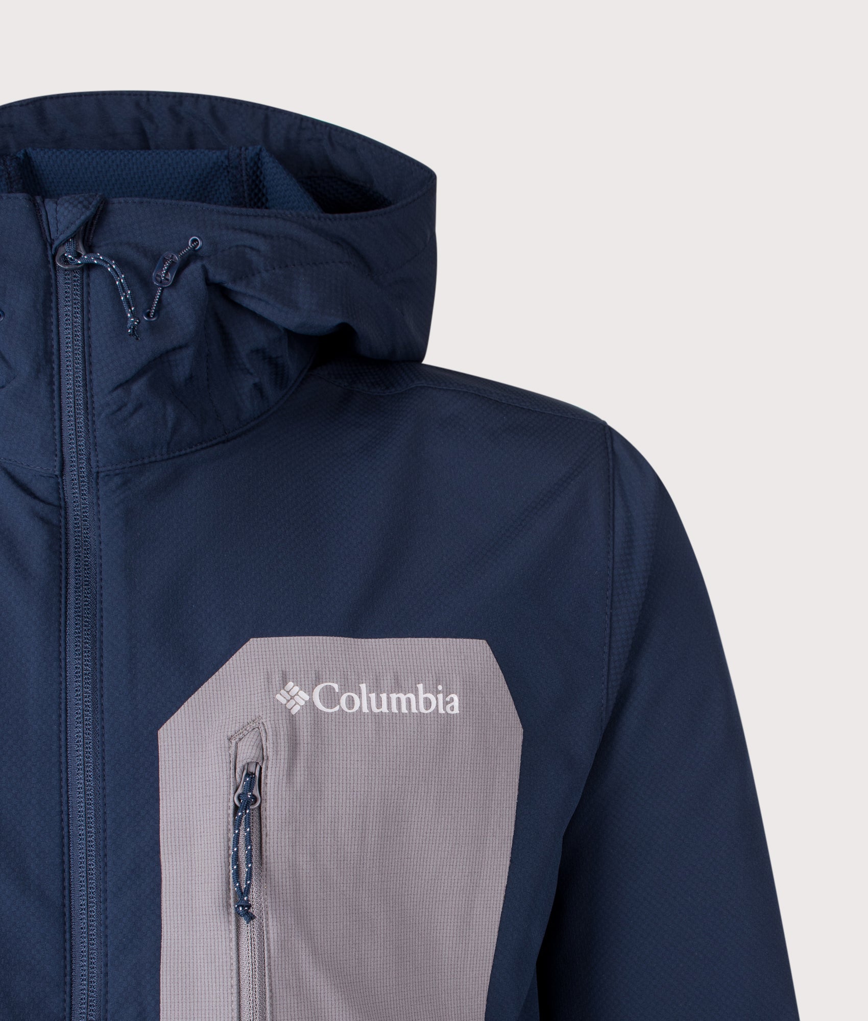 Tall Heights III Hooded Softshell Jacket in Collegiate Navy/City Grey by Columbia. Shot by EQVVS. Detail shot.