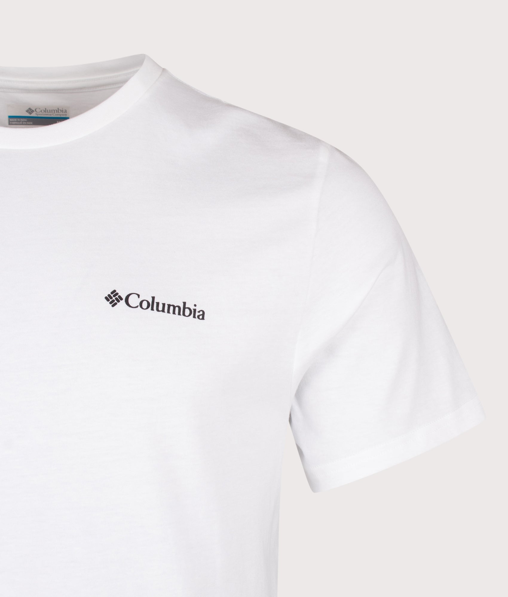 Columbia Regular Fit CSC Logo Back T-Shirt in White/Boxy Brand at EQVVS Menswear. Detail shot.