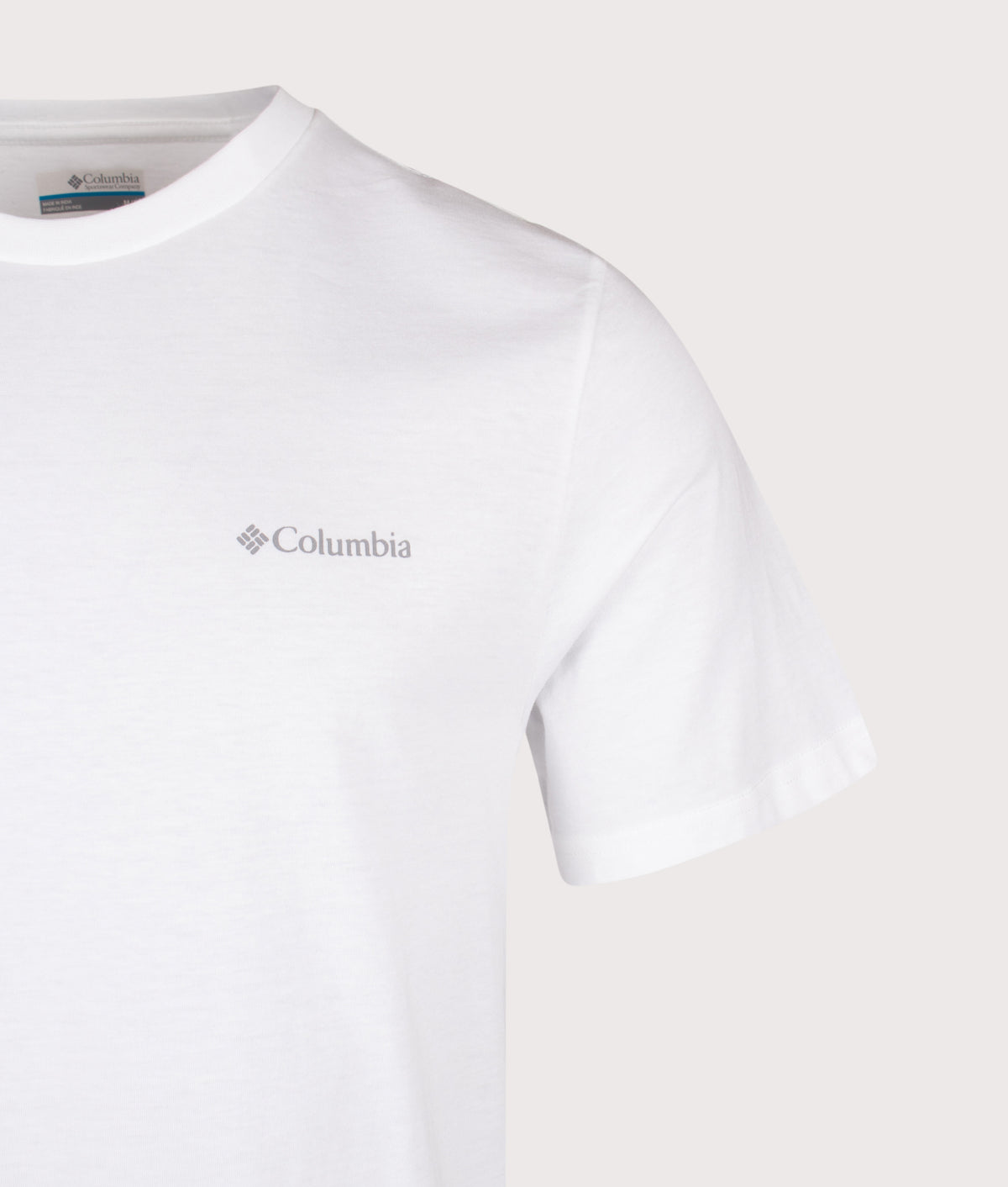 Columbia Regular Fit CSC Basic T-Shirt in White at EQVVS Menswear. Detail shot.