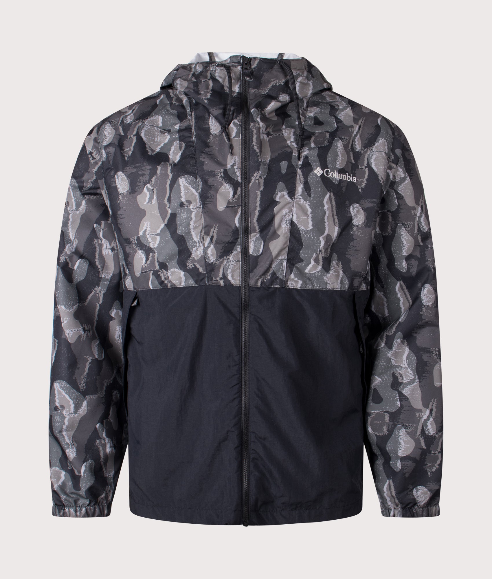 Colombia Spire Valley Novelty Windbreaker Black Treebark and Black at EQVVS Menswear. Font shot.