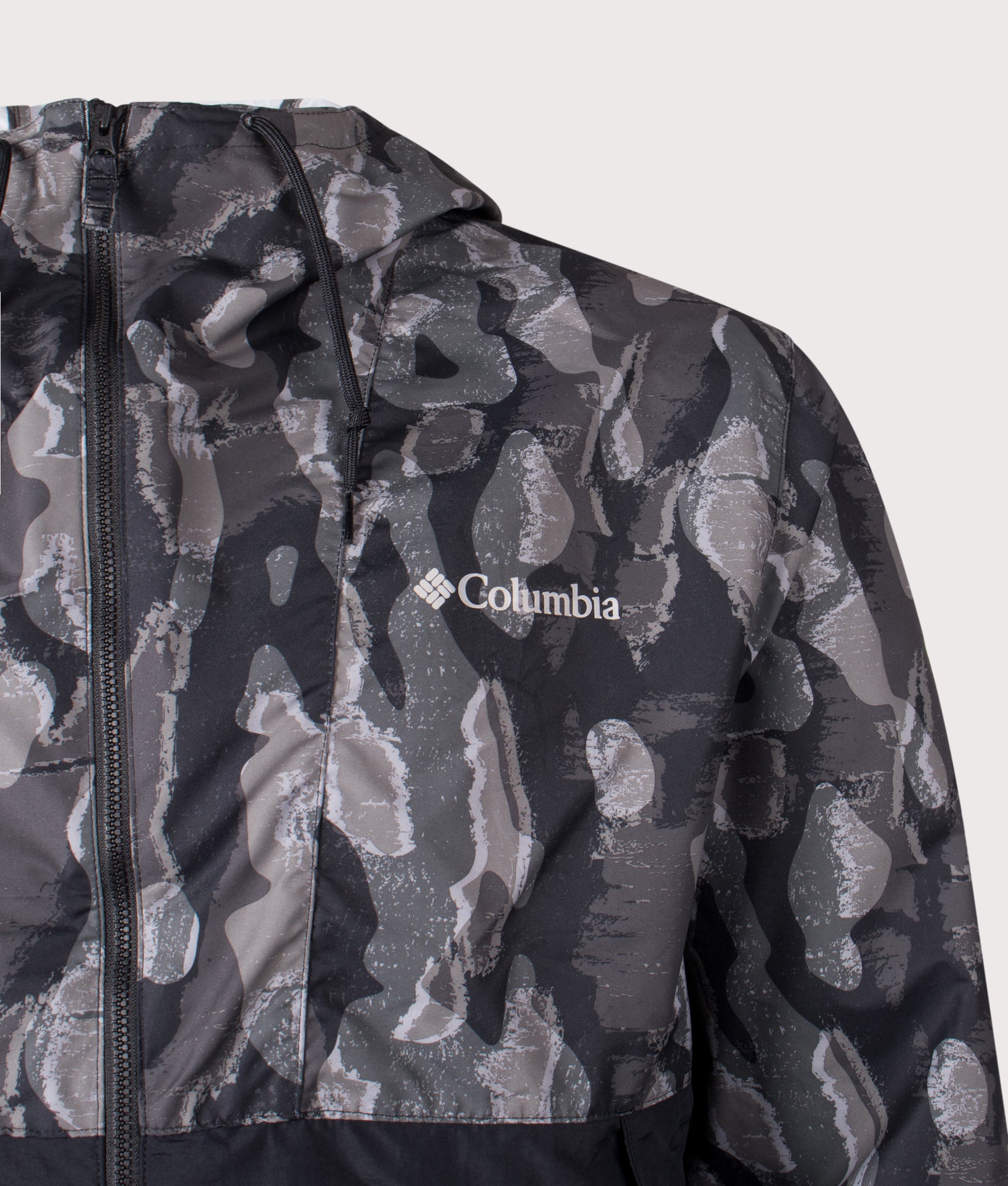 Colombia Spire Valley Novelty Windbreaker Black Treebark and Black at EQVVS Menswear. Detail shot.