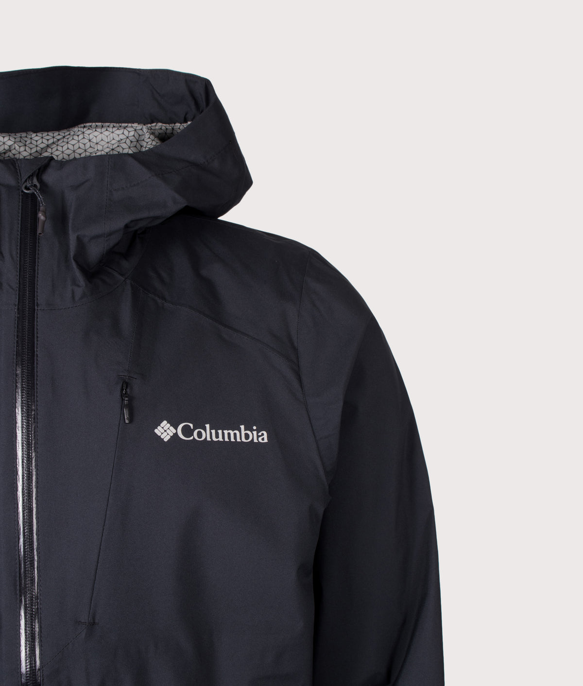 Columbia Trailborne™ 2.5L Packable Waterproof Jacket in Black at EQVVS Menswear. Detail shot.