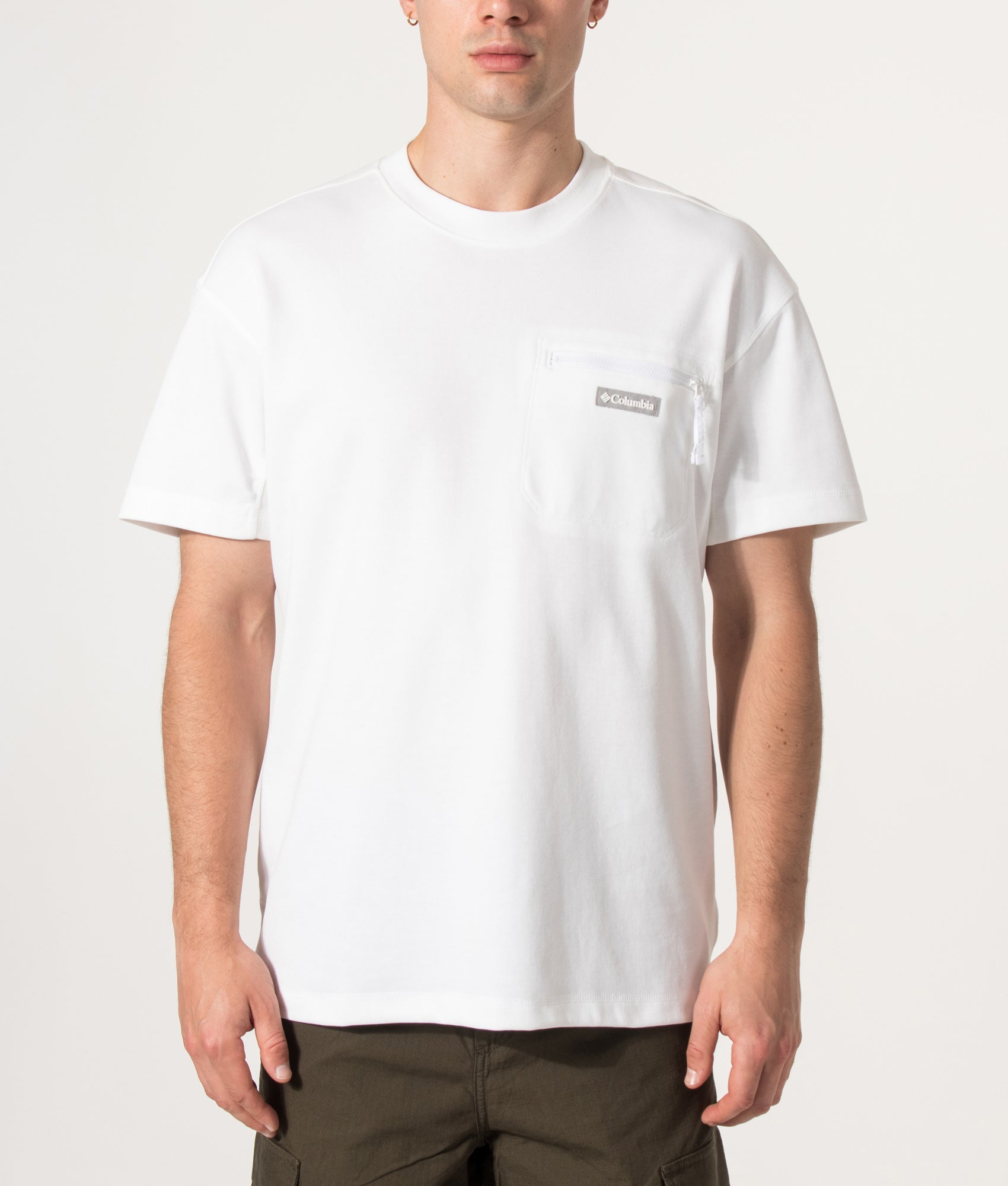 Columbia Echo Passage Crew T-Shirt in White at EQVVS Menswear. Model Front shot.