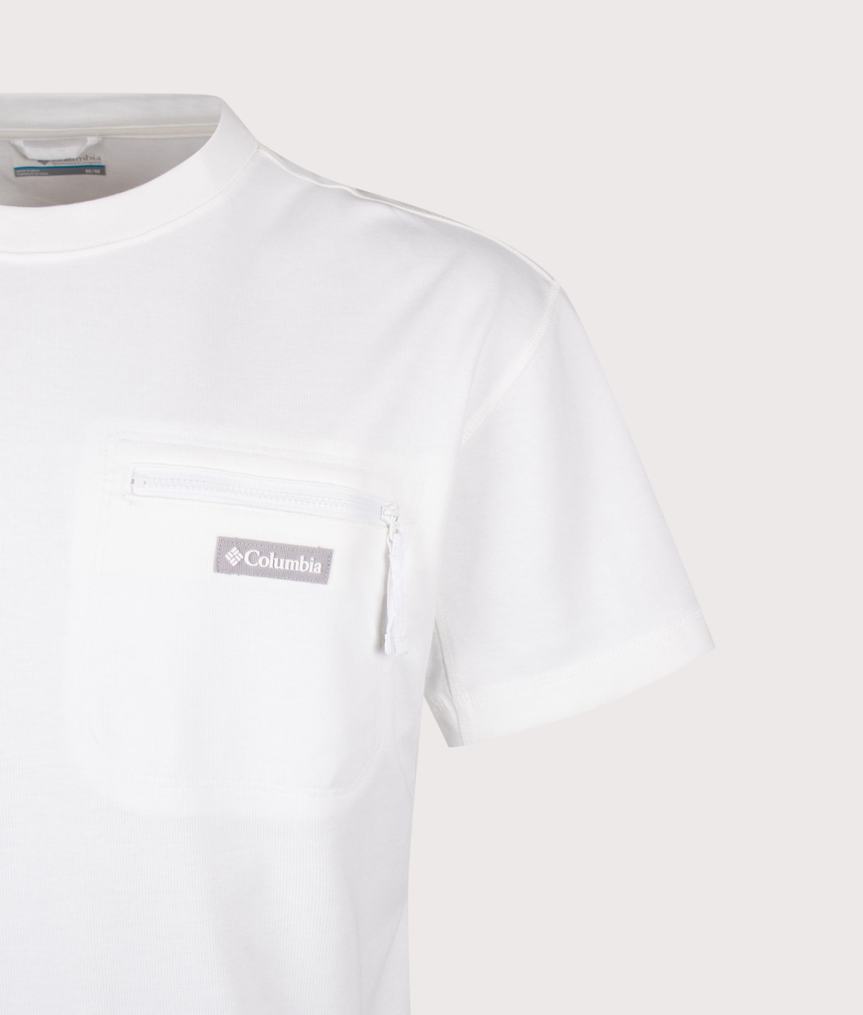 Columbia Echo Passage Crew T-Shirt in White at EQVVS Menswear. Detail shot.