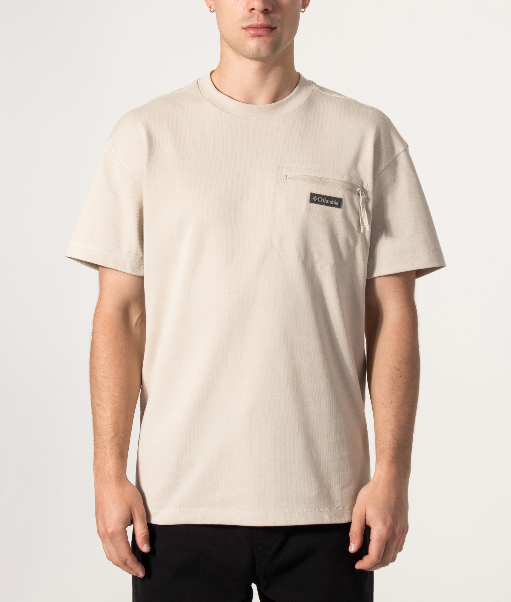 Columbia Echo Passage Crew T-Shirt in  Dark Stone at EQVVS Menswear. Model front shot.