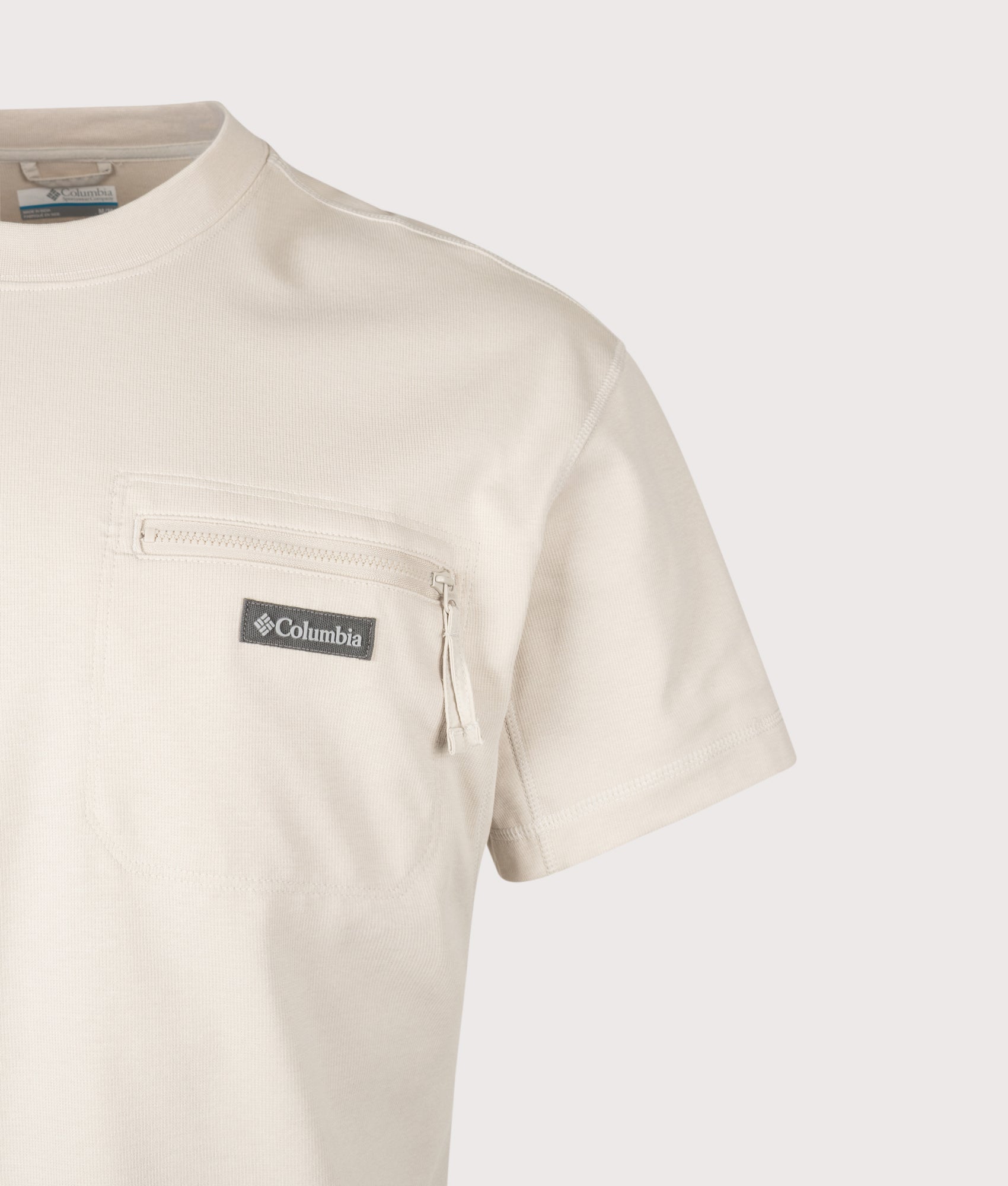 Columbia Echo Passage Crew T-Shirt in  Dark Stone at EQVVS Menswear. Detail shot.