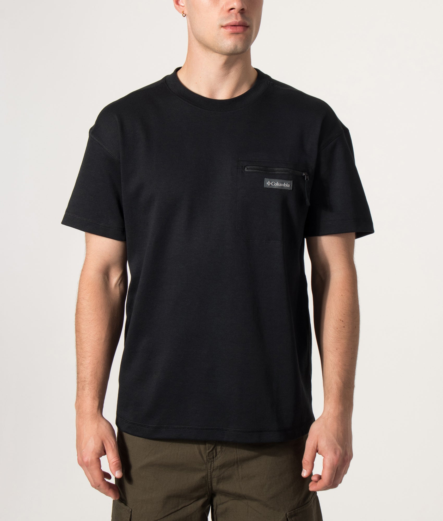 Columbia Echo Passage Crew T-Shirt in Black at EQVVS Menswear. Model front shot.